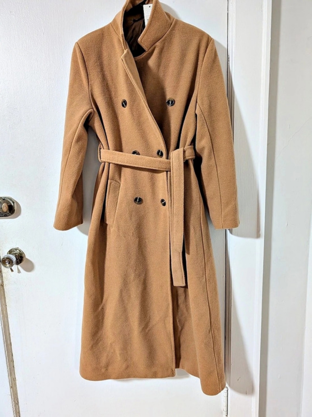 New Women's Camel Brown Belted Wool Trench Coat